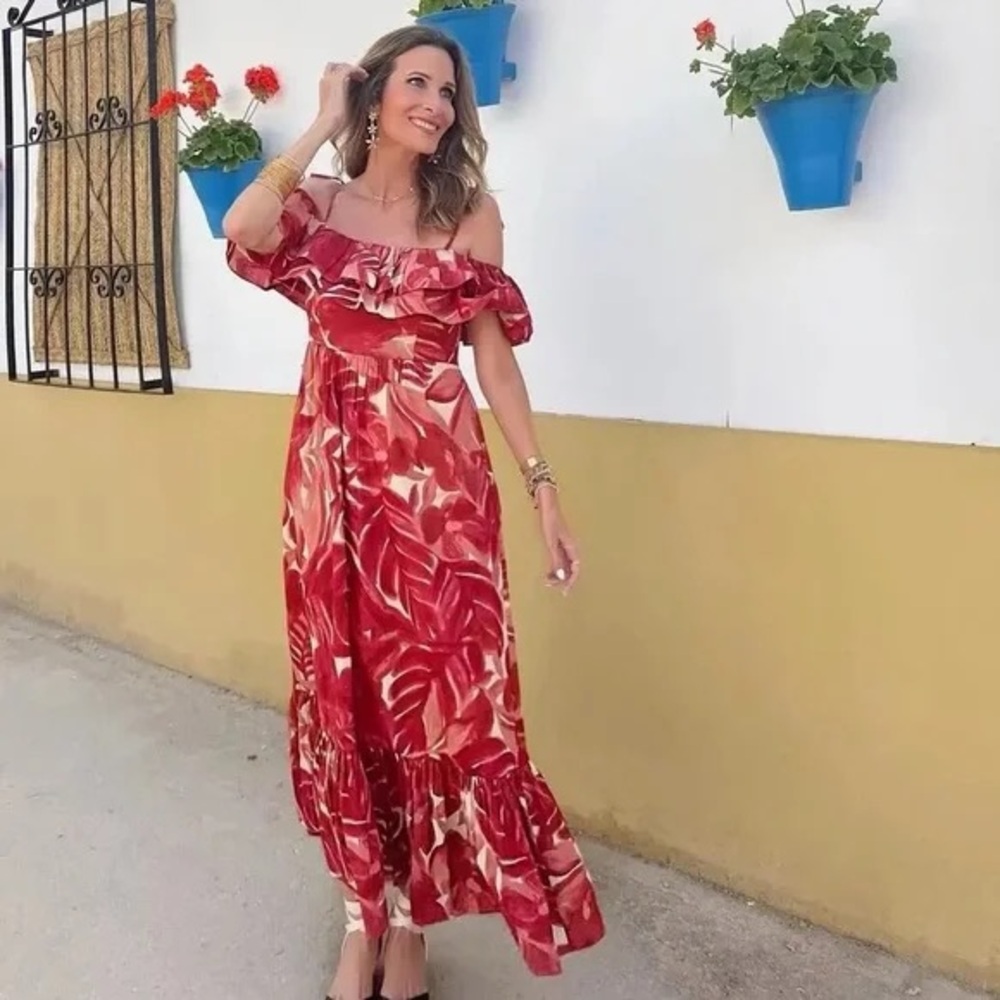 NWT Zara Printed Floral Red Cream Maxi Dress Bloggers Favorite L - Picture 7 of 16